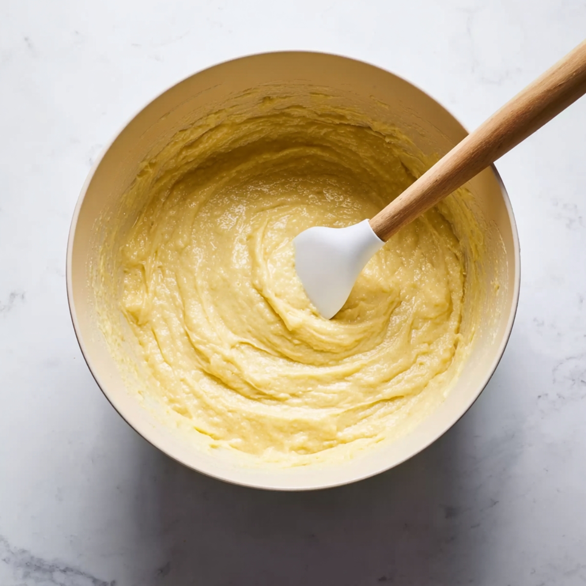 Best Texas Tornado Cake Recipe 10 Smooth Texas Tornado Cake batter being folded in a mixing bowl with a silicone spatula before baking.