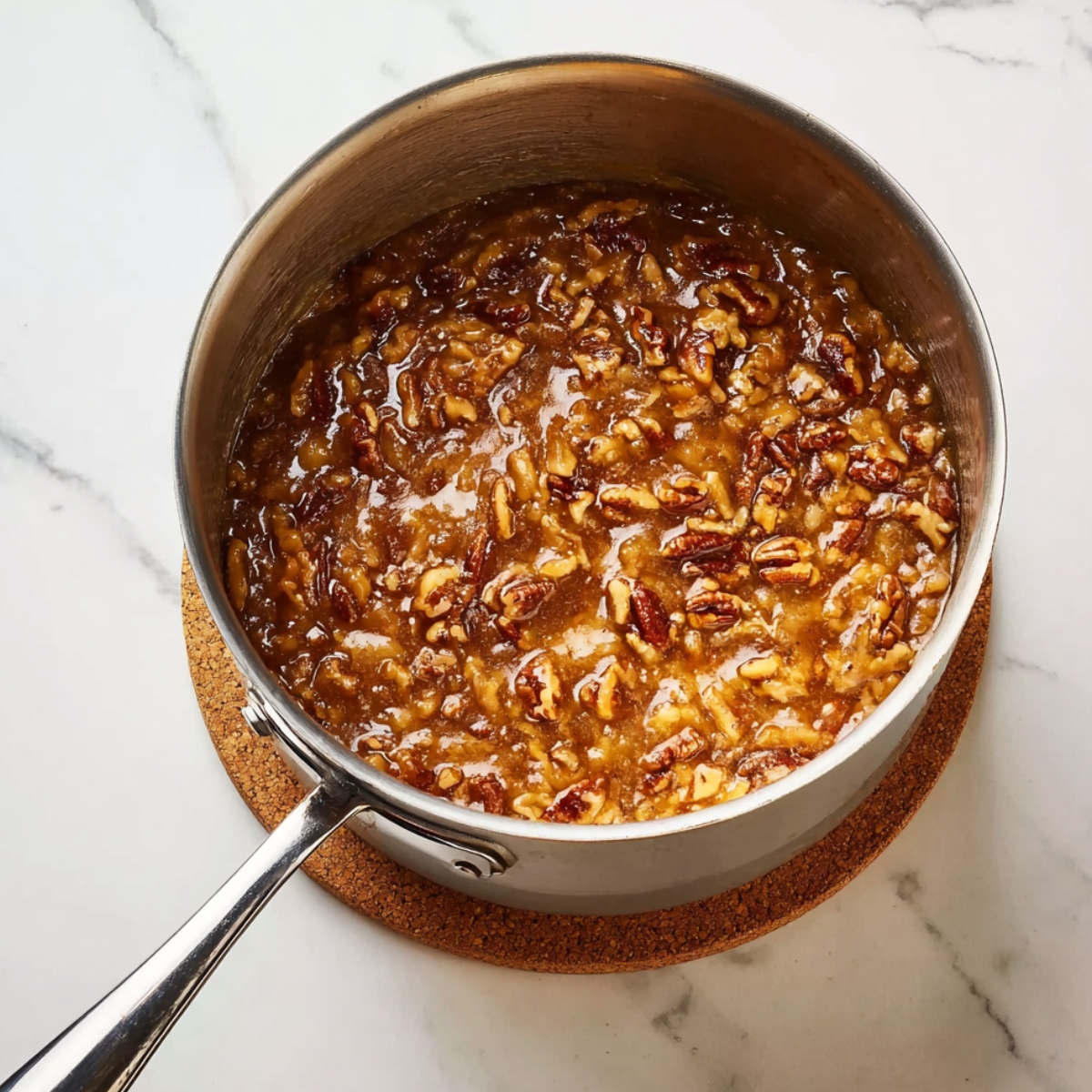 Best Texas Tornado Cake Recipe 11 Rich homemade coconut pecan frosting simmering in a saucepan until thick, glossy, and caramelized.
