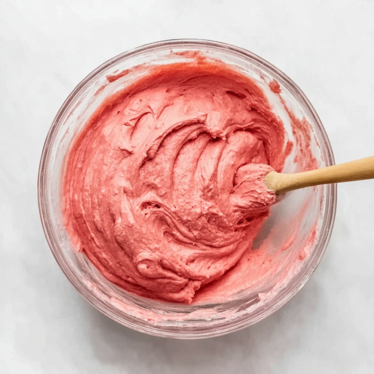 Easy Strawberry Crunch Brownies 10 Thick pink strawberry brownie batter mixed in a glass bowl, ready to spread into the baking pan.