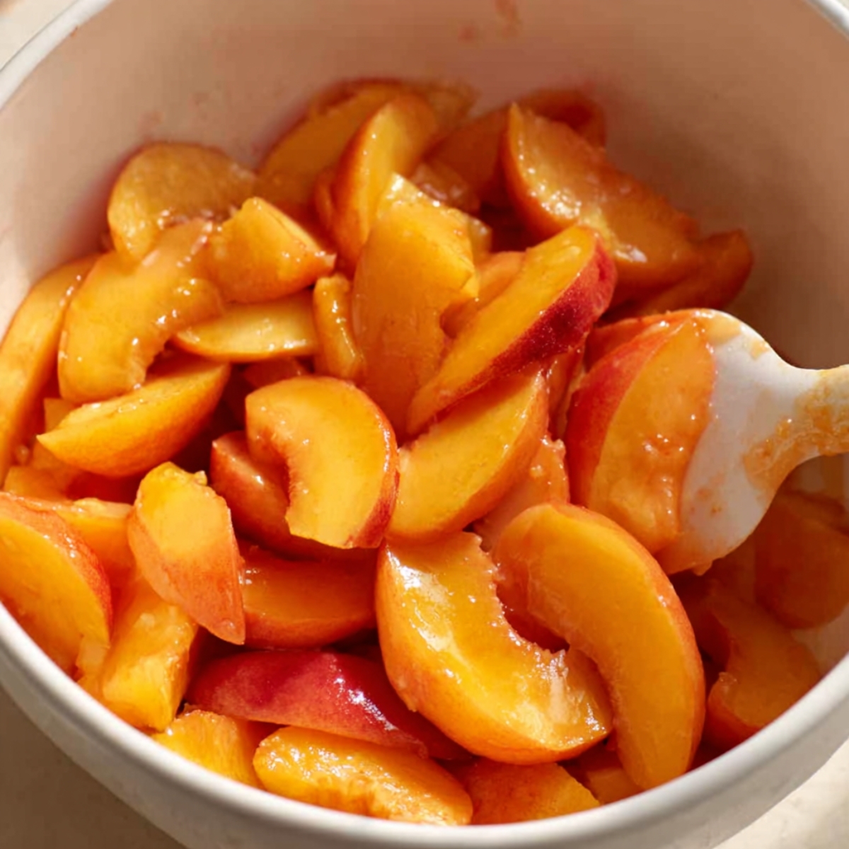 Fresh Peach Crumb Bars Recipe 10 Fresh sliced peaches coated in sugar and lemon juice being mixed in a white bowl with a silicone spatula.