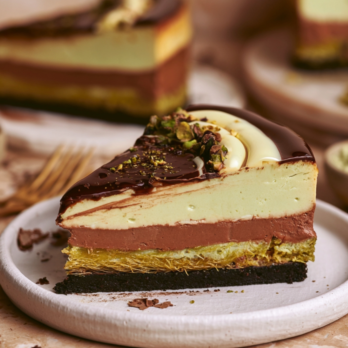 No Bake Dubai Chocolate Cheesecake 9 Slice of No Bake Dubai Chocolate Cheesecake with chocolate cookie crust, crispy pistachio knafeh, chocolate ganache, and creamy pistachio cheesecake filling.