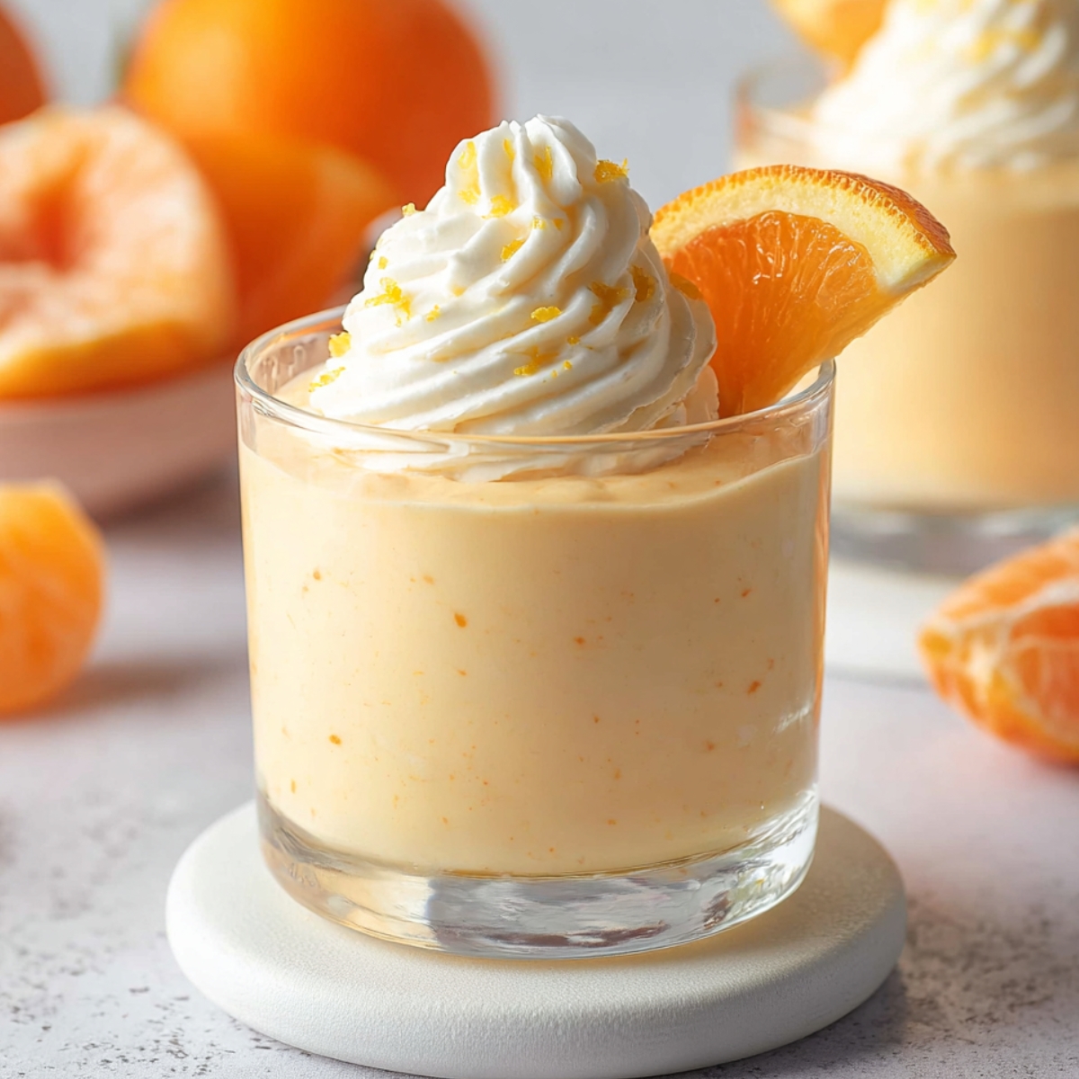 Easy Orange Mousse Cups Recipe 9 Creamy Orange Mousse Cups served in a glass dessert cup topped with whipped cream, orange slice, and fresh orange zest.