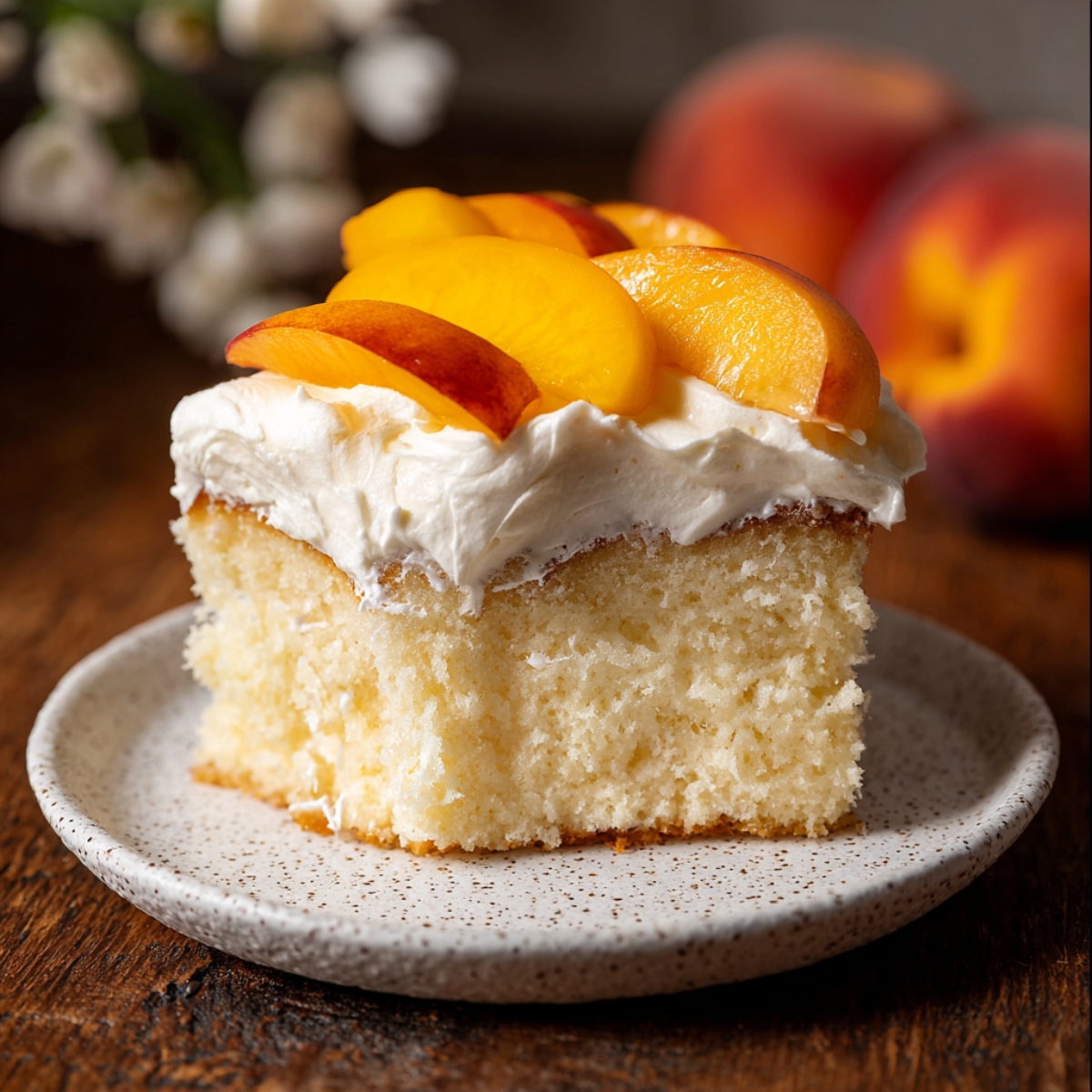 Best Peaches and Cream Cake Recipe 9 Slice of Peaches and Cream Cake topped with whipped cream and fresh peach slices on a speckled ceramic plate.