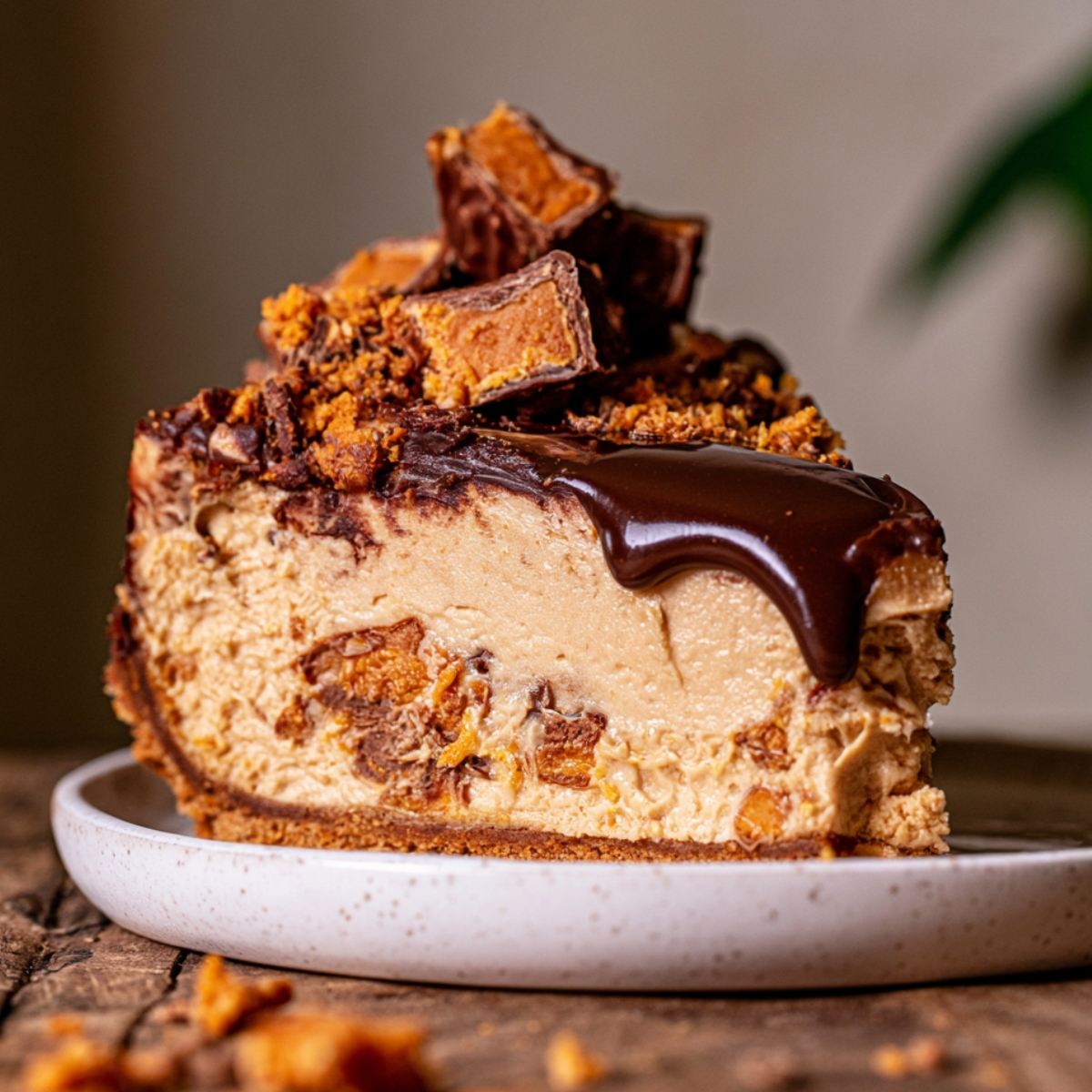 Slice of no-bake peanut butter Butterfinger pie with chocolate ganache, graham cracker crust, and crushed Butterfinger candy on a white plate.