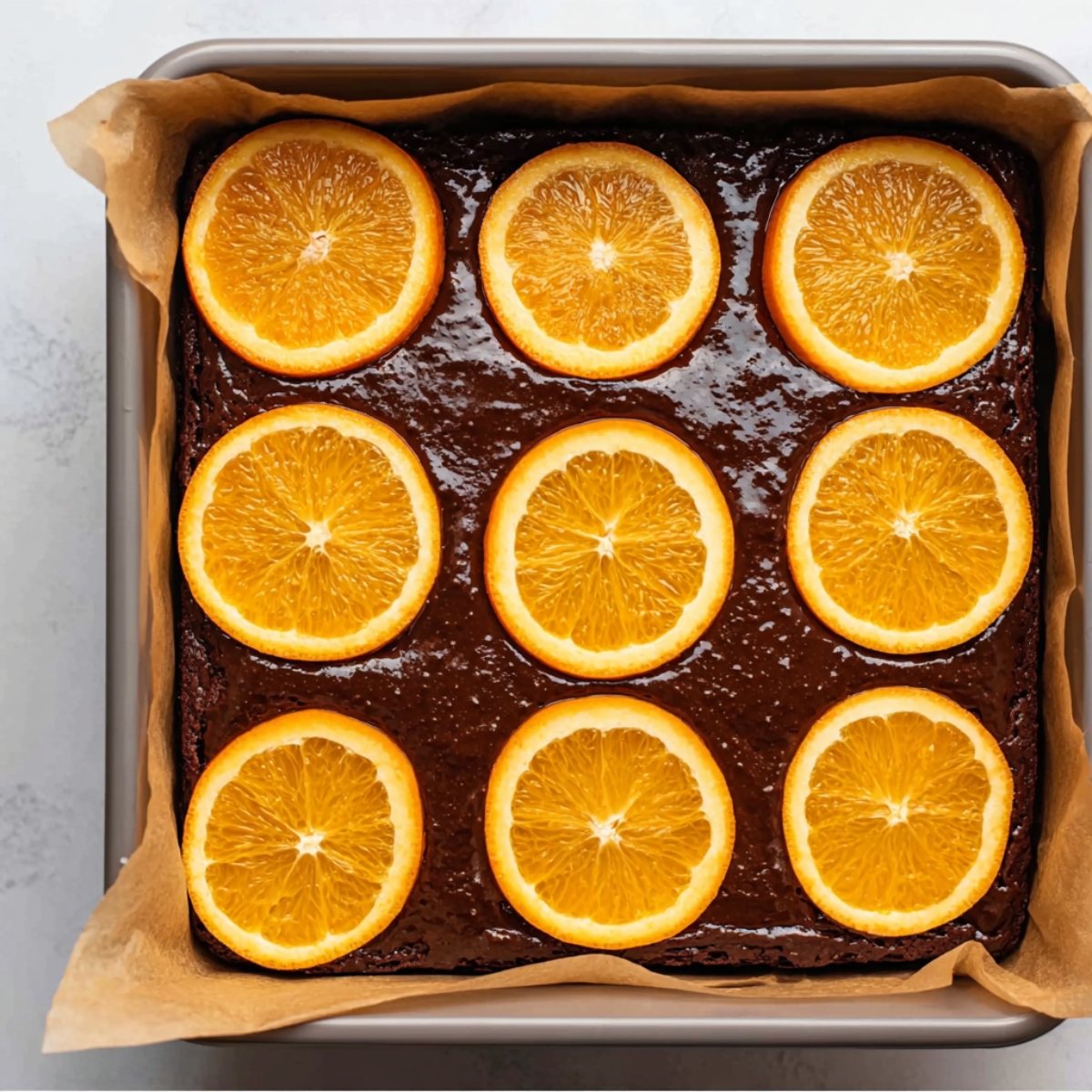 Best Chocolate Orange Brownies Recipe 11 Top-down view of chocolate orange brownie batter in a parchment-lined square baking pan topped with nine fresh orange slices before baking.