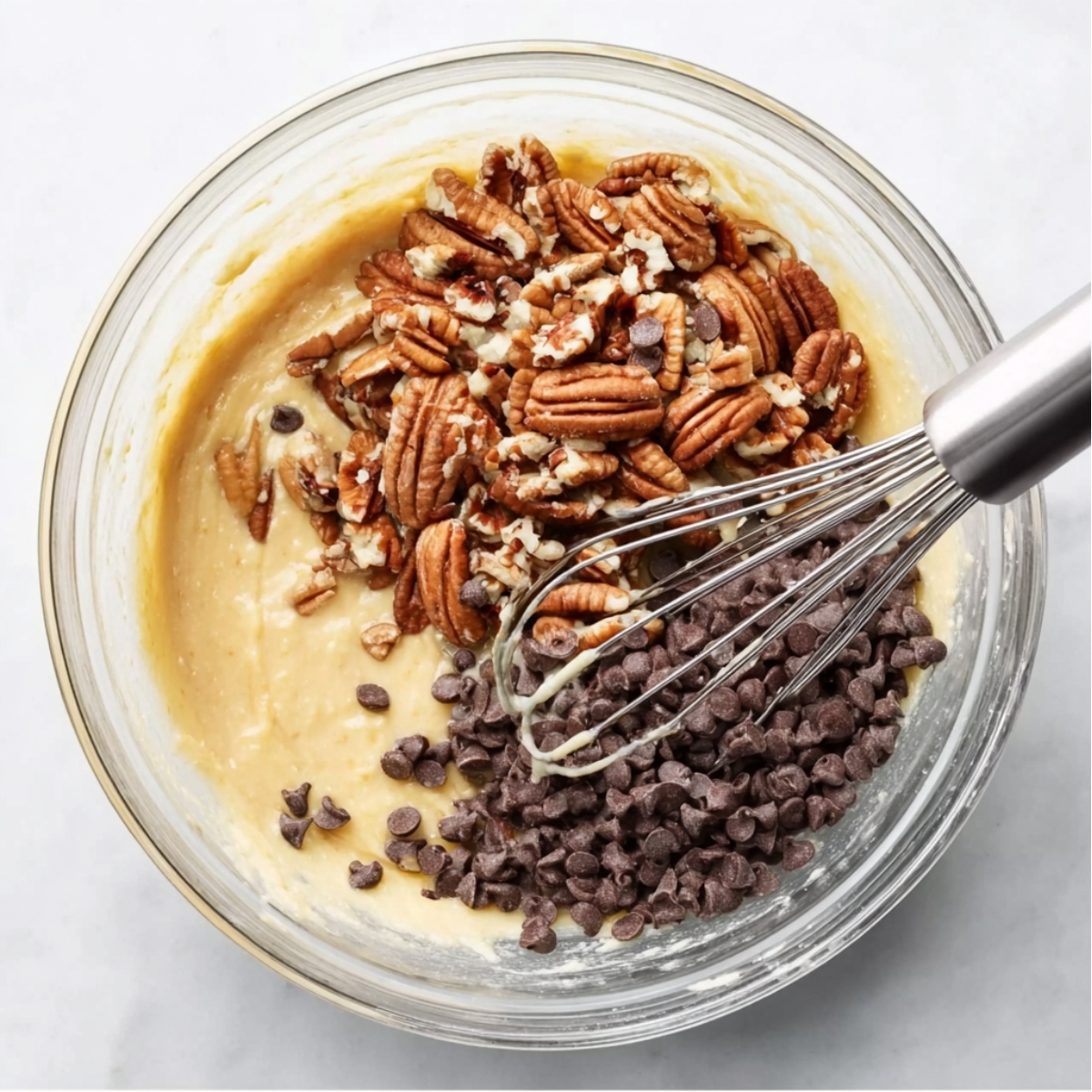 Easy Kentucky Derby Pie Recipe 11 Mixing Kentucky Derby Pie filling with chopped pecans and semi-sweet chocolate chips in a glass bowl before baking.
