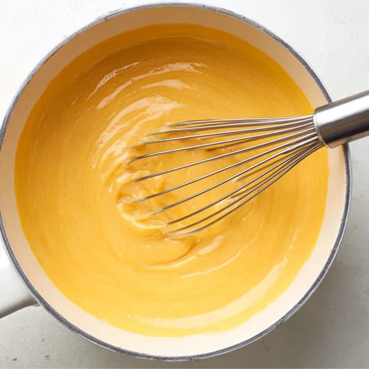Easy Orange Mousse Cups Recipe 10 Homemade orange custard being whisked in a white saucepan until smooth and thick for orange mousse.