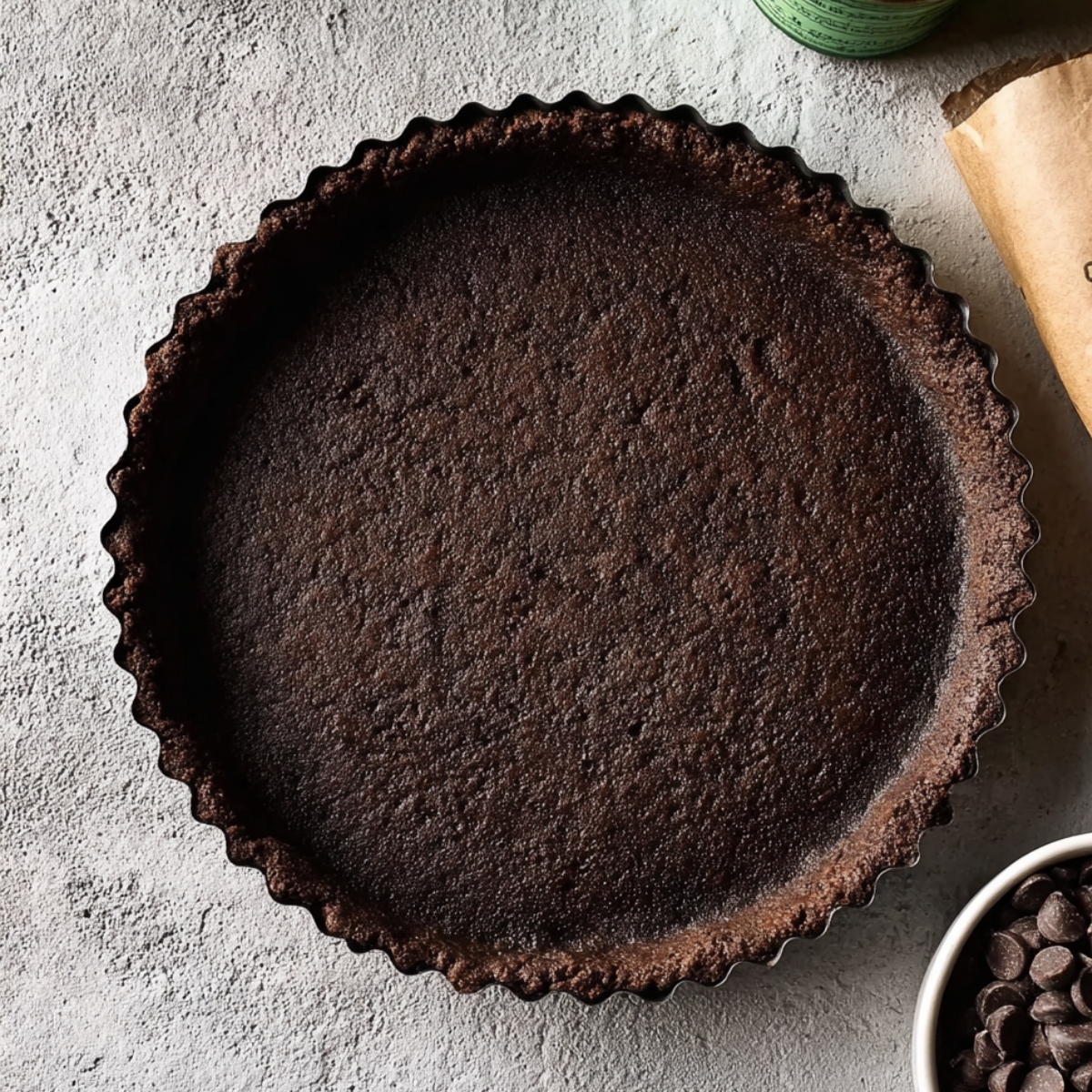 The Best Black Forest Tart Recipe 10 Homemade chocolate cookie tart crust pressed into a fluted tart pan, ready to chill before filling.