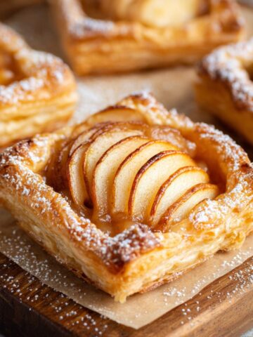 Easy Puff Pastry Apple Tartlets Recipe 2 Golden Puff Pastry Apple Tartlets filled with cinnamon applesauce, topped with thinly sliced baked apples, and dusted with powdered sugar.