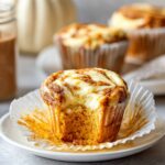 Pumpkin Cream Cheese Muffins with a bite taken out, showing its moist pumpkin crumb and creamy cheesecake swirl topping.