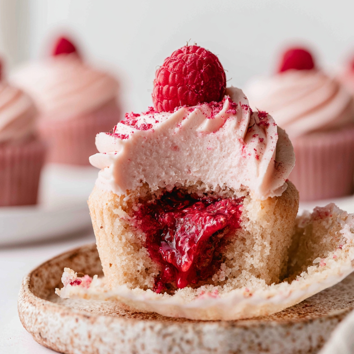 Bitten Raspberry Filled Cupcakes topped with raspberry cream cheese frosting, fresh raspberry, and freeze-dried raspberry powder, revealing a gooey raspberry jam center.