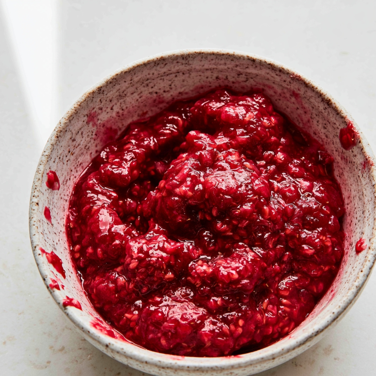 Best Raspberry Filled Cupcakes Recipe 10 Close-up of thick homemade raspberry jam with whole berries and visible seeds in a rustic ceramic bowl, perfect for filling cupcakes and desserts.