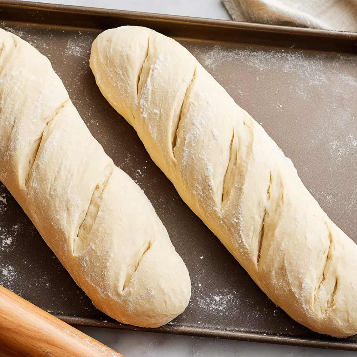 Homemade Italian Bread Recipe 11 Two shaped Italian bread loaves with diagonal slashes on a baking sheet, ready for the final rise and baking.