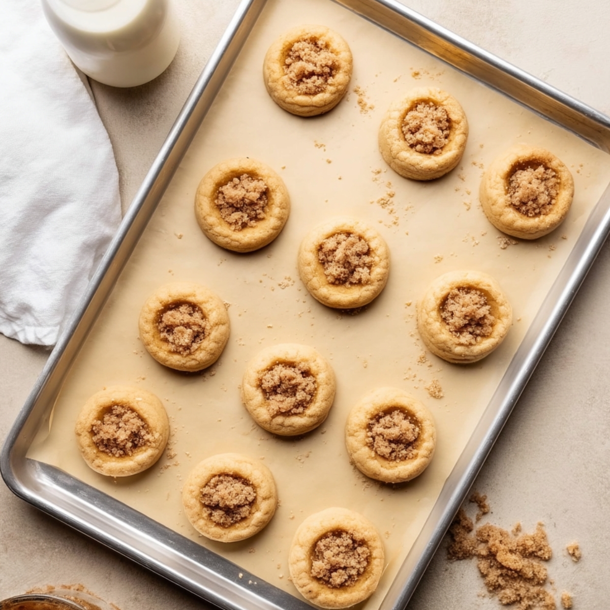 Easy Coffee Cake Cookies Recipe 11 Unbaked coffee cake cookies with cinnamon streusel filling arranged on a parchment-lined baking sheet before baking.