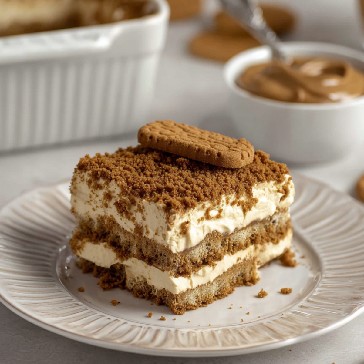 Easy Speculoos Tiramisu Recipe 9 Slice of homemade Speculoos Tiramisu topped with crushed Biscoff cookies and a whole biscuit on a white dessert plate.