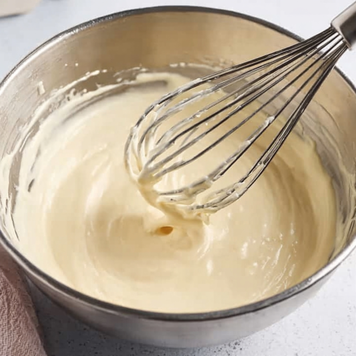 Easy Speculoos Tiramisu Recipe 10 Smooth mascarpone cream base being whisked in a stainless steel mixing bowl for Speculoos tiramisu.