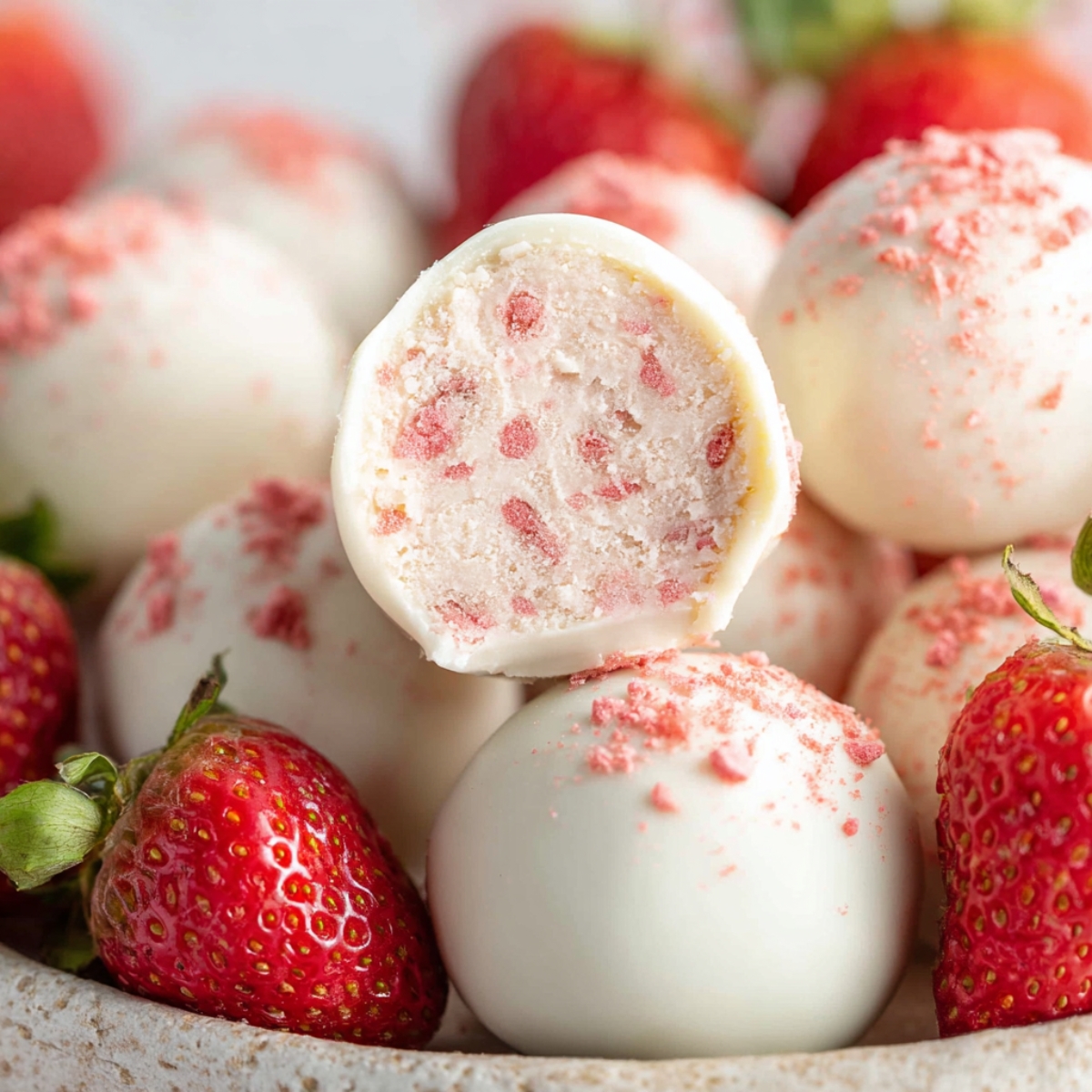 White chocolate Strawberry Truffles coated in white chocolate and topped with strawberry powder, served with fresh strawberries.
