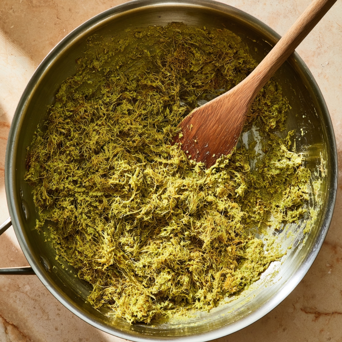 No Bake Dubai Chocolate Cheesecake 10 Toasted kataifi pastry mixed with pistachio cream in a skillet, creating a crispy pistachio knafeh layer for Dubai chocolate cheesecake.