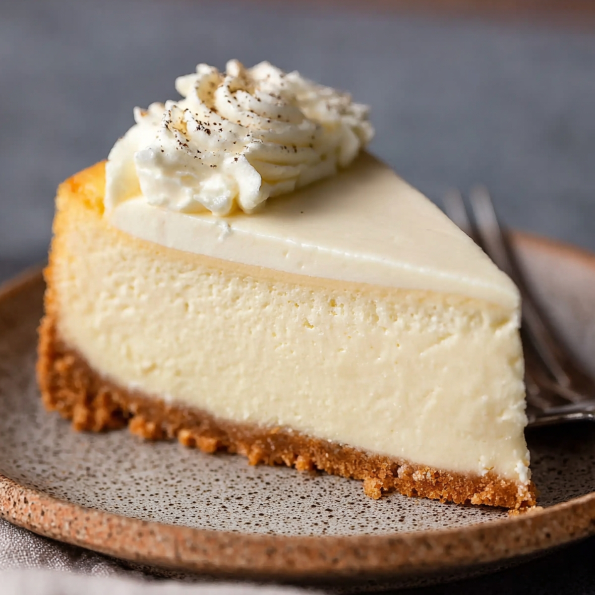 Easy Vanilla Bean Cheesecake Recipe 9 Slice of Vanilla Bean Cheesecake with a buttery graham cracker crust and whipped cream topping on a ceramic dessert plate.