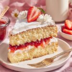 Slice of classic Victoria Sponge Cake filled with whipped cream and strawberry jam, topped with fresh strawberries and powdered sugar.