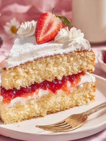 Best Victoria Sponge Cake Recipe 1 Slice of classic Victoria Sponge Cake filled with whipped cream and strawberry jam, topped with fresh strawberries and powdered sugar.