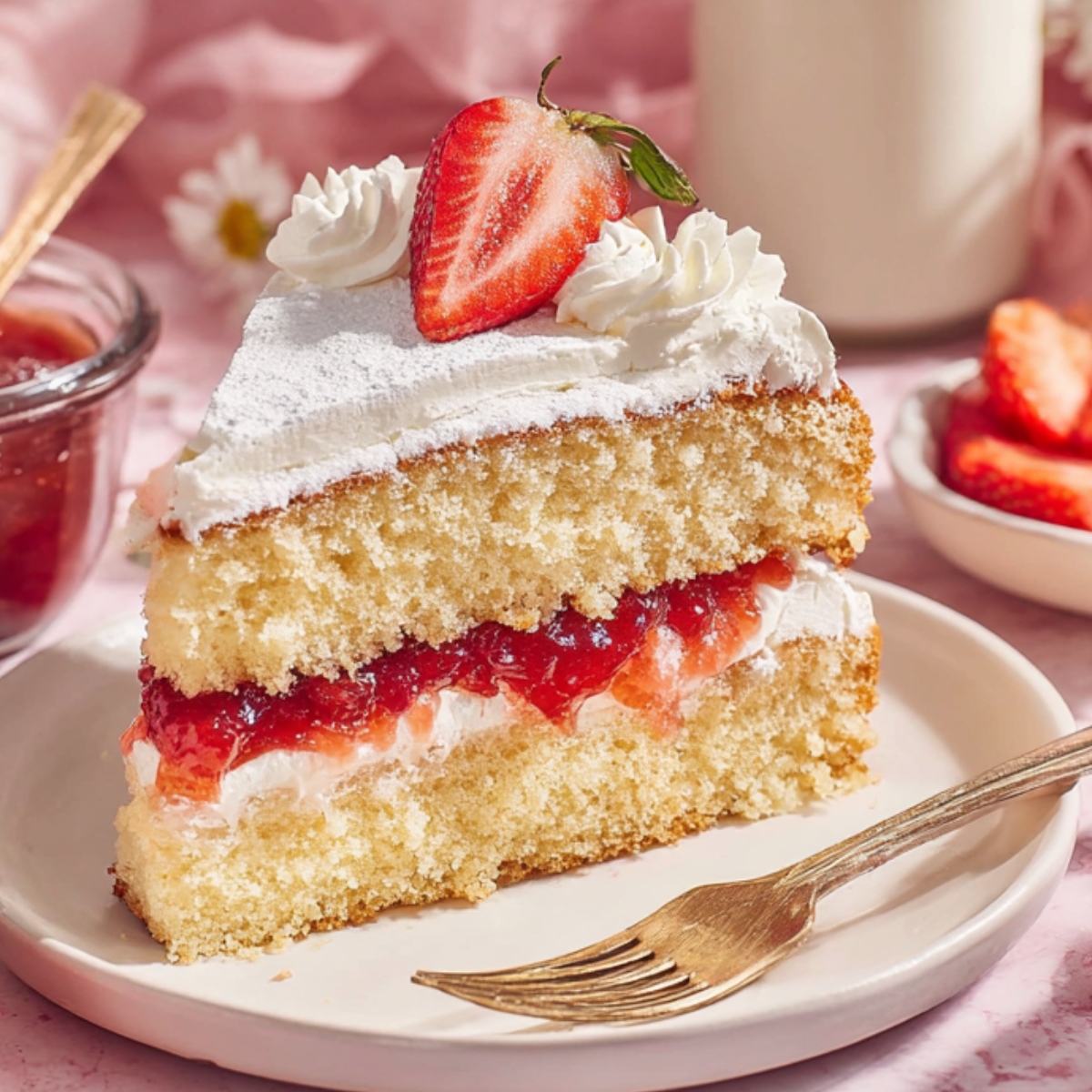 Slice of classic Victoria Sponge Cake filled with whipped cream and strawberry jam, topped with fresh strawberries and powdered sugar.