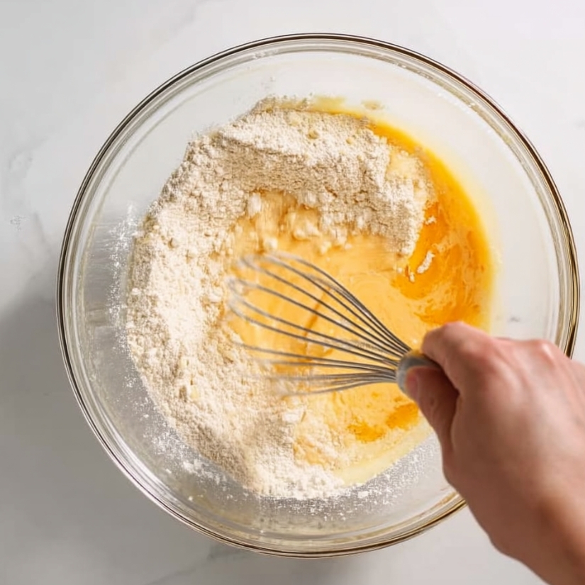 Best Mini Chocolate Éclairs Recipe 10 Whisking eggs with flour in a glass mixing bowl to prepare homemade chocolate éclair batter.