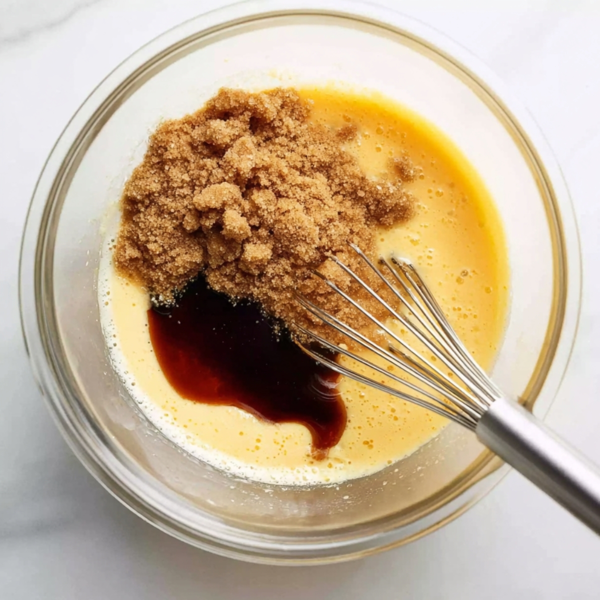 Easy Kentucky Derby Pie Recipe 10 Whisking eggs, brown sugar, vanilla, and butter in a glass bowl to make Kentucky Derby Pie filling.