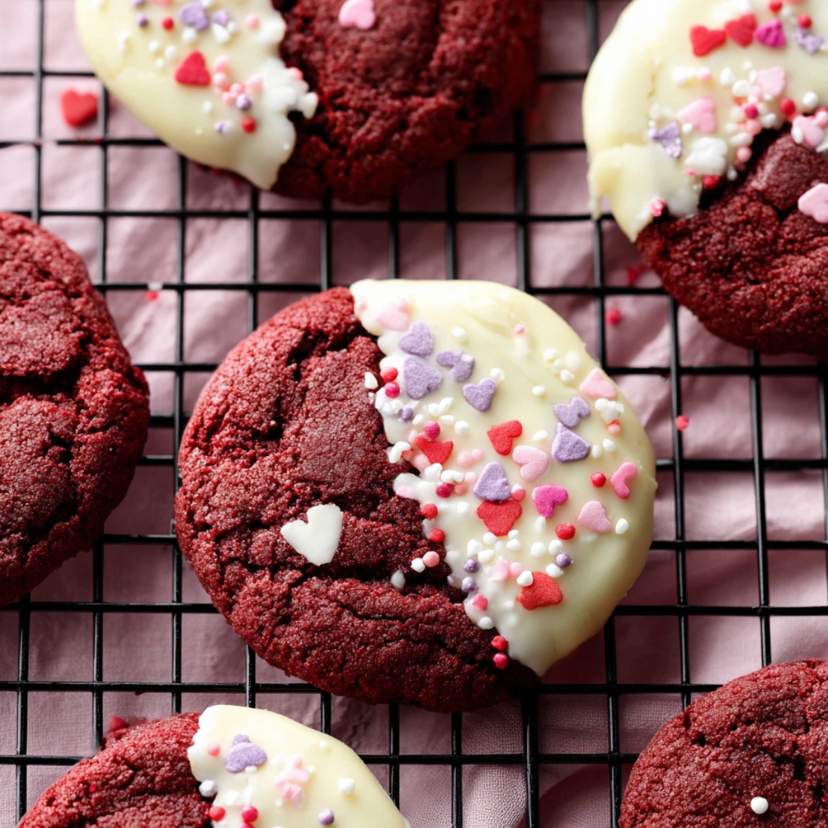 Soft White Chocolate Red Velvet Cookies and decorated with Valentine's Day heart sprinkles on a cooling rack.