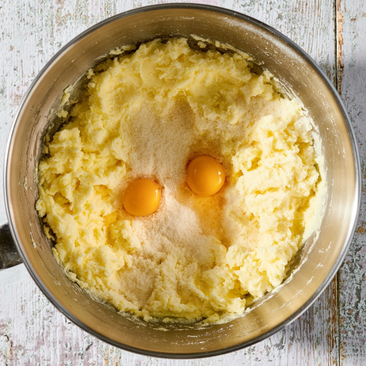 Easy Louisiana Crunch Cake Recipe 10 Eggs added to creamed butter and sugar in a mixing bowl for Louisiana Crunch Cake batter.