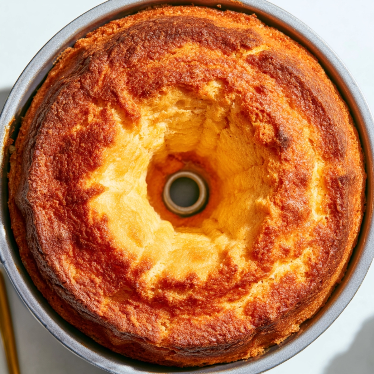 Easy Louisiana Crunch Cake Recipe 11 Freshly baked Louisiana Crunch Cake cooling in a Bundt pan with a golden brown crust.
