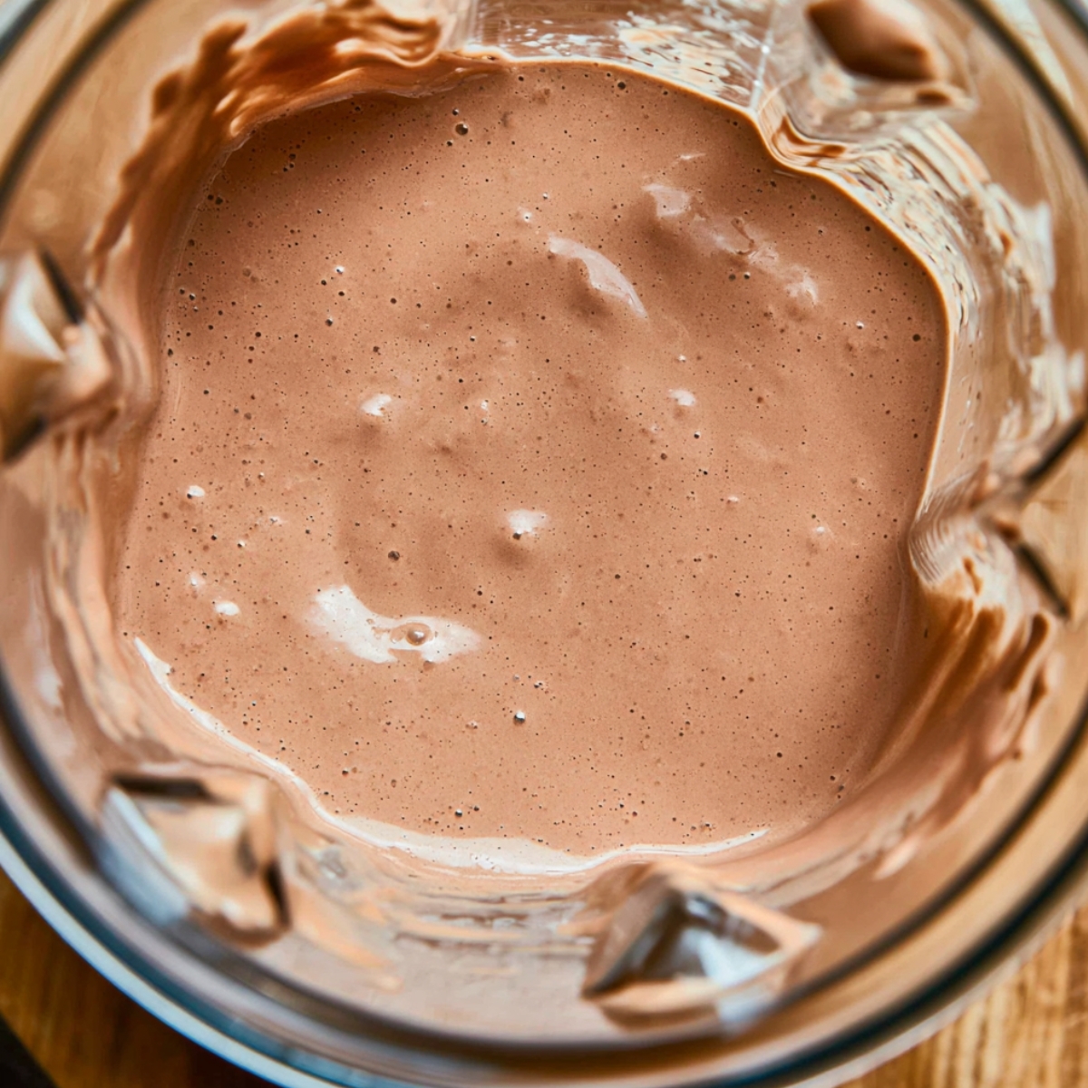 Easy Brownie Batter Ice Cream Recipe 10 Creamy brownie ice cream base blending smoothly inside a high-speed blender with a rich chocolate texture.
