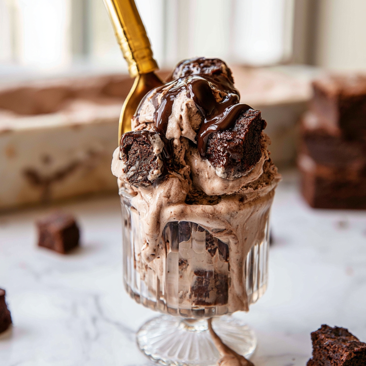 Homemade Brownie Batter Ice Cream served in a vintage glass dessert cup with fudgy brownie pieces, chocolate sauce, and a gold spoon.