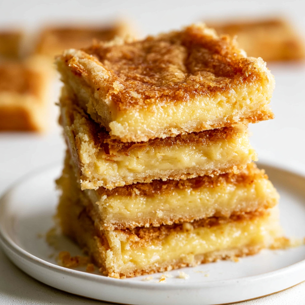 The Best Chess Squares Recipe 1 Stack of golden homemade Chess Squares dessert bars with a buttery crust, creamy gooey center, and caramelized top layer. Perfect easy dessert recipe for holidays and gatherings.