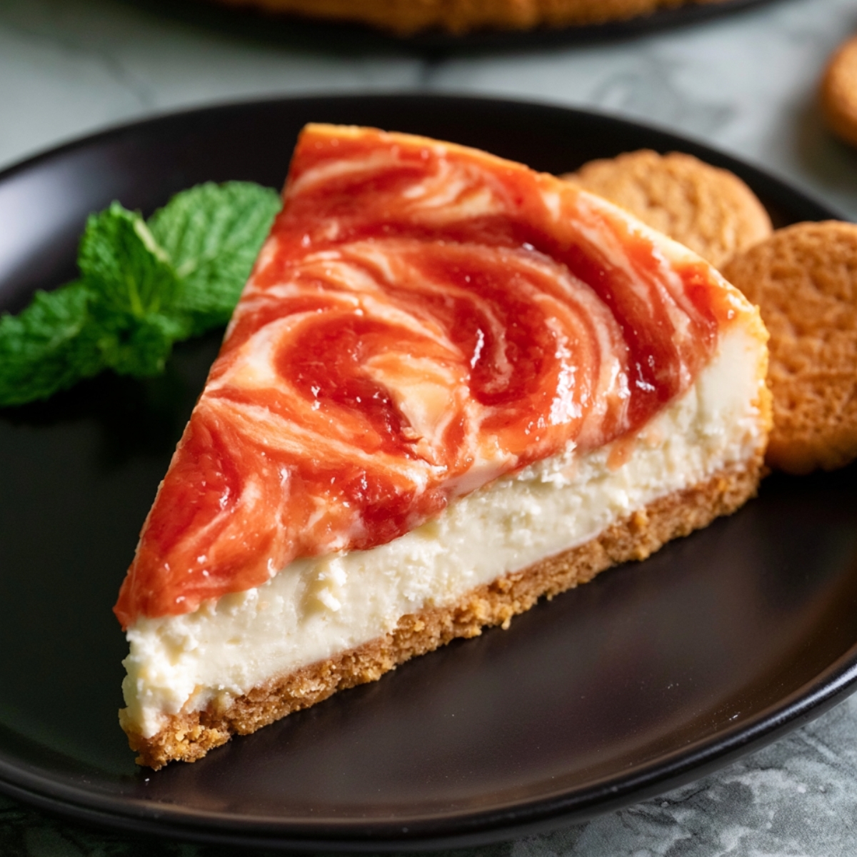 Slice of creamy guava cheesecake with red guava swirl topping on a black plate with mint garnish and cookies