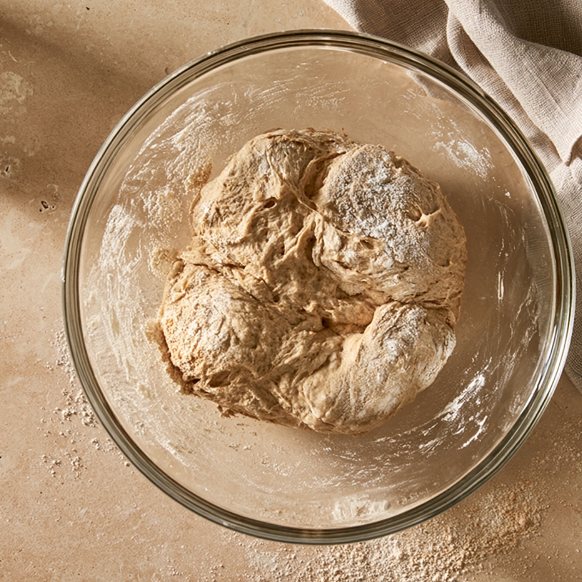 Homemade Spelt Bread Recipe 10 Freshly kneaded spelt bread dough in a clear glass mixing bowl with a light dusting of flour on a rustic countertop.