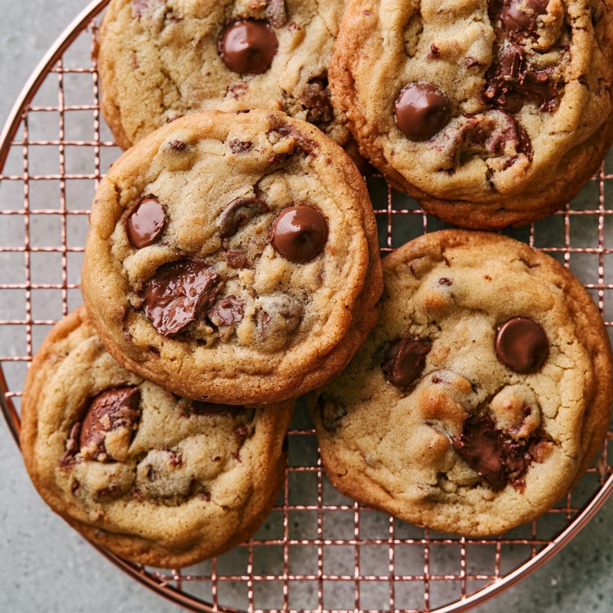 Freshly baked Milk Chocolate Chip Cookies with melted chocolate pieces on a wire cooling rack
