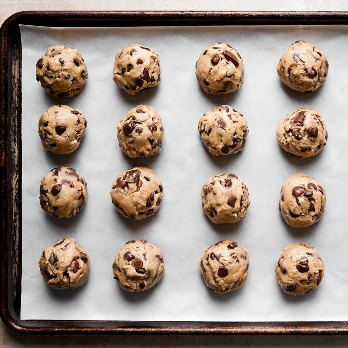 Easy Milk Chocolate Chip Cookies Recipe 11 Chocolate chip cookie dough portions arranged on a parchment-lined baking sheet ready for baking