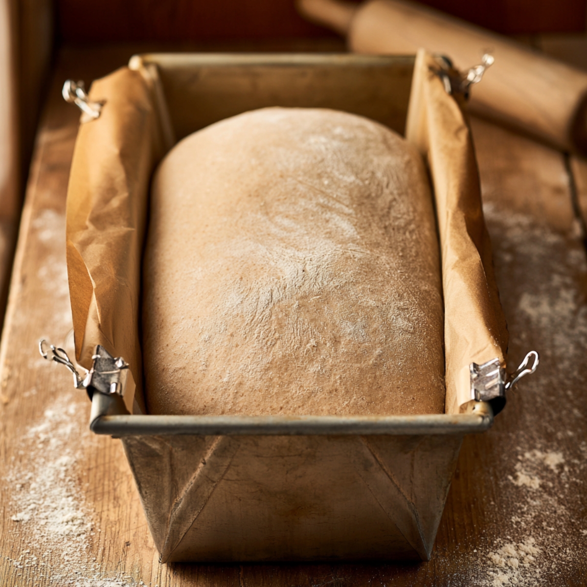 Homemade Spelt Bread Recipe 11 Shaped spelt bread dough resting in a parchment-lined loaf pan on a floured wooden work surface before the final rise.