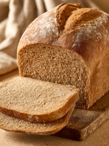 Homemade Spelt Bread Recipe 1 Freshly baked spelt bread loaf with two sliced pieces on a rustic wooden cutting board, showing a soft, even crumb and golden crust.