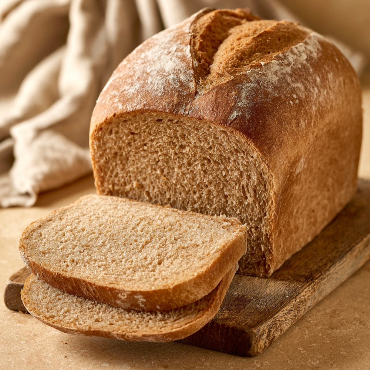 Freshly baked spelt bread loaf with two sliced pieces on a rustic wooden cutting board, showing a soft, even crumb and golden crust.