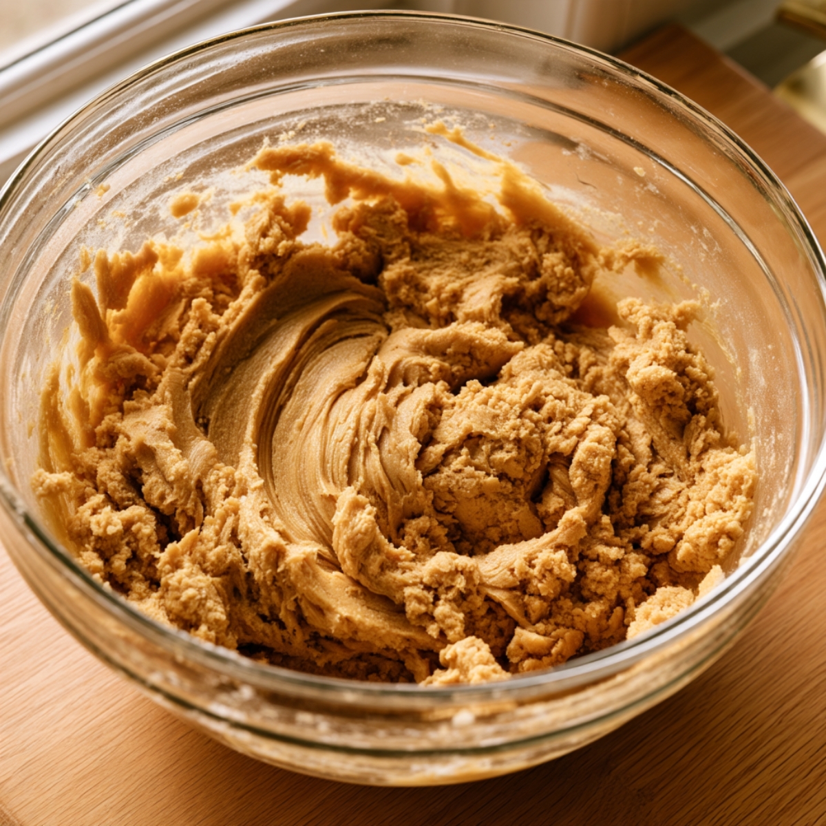 Best Edible Peanut Butter Cookie Dough 11 Edible peanut butter cookie dough after flour and salt are mixed in, showing a thick, soft, crumbly texture in a glass bowl.