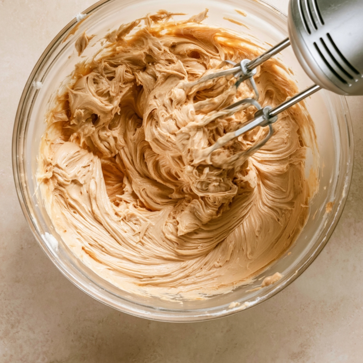 Easy Dulce de Leche Cupcakes Recipe 11 Brown sugar and butter mixture being beaten with an egg in a glass mixing bowl