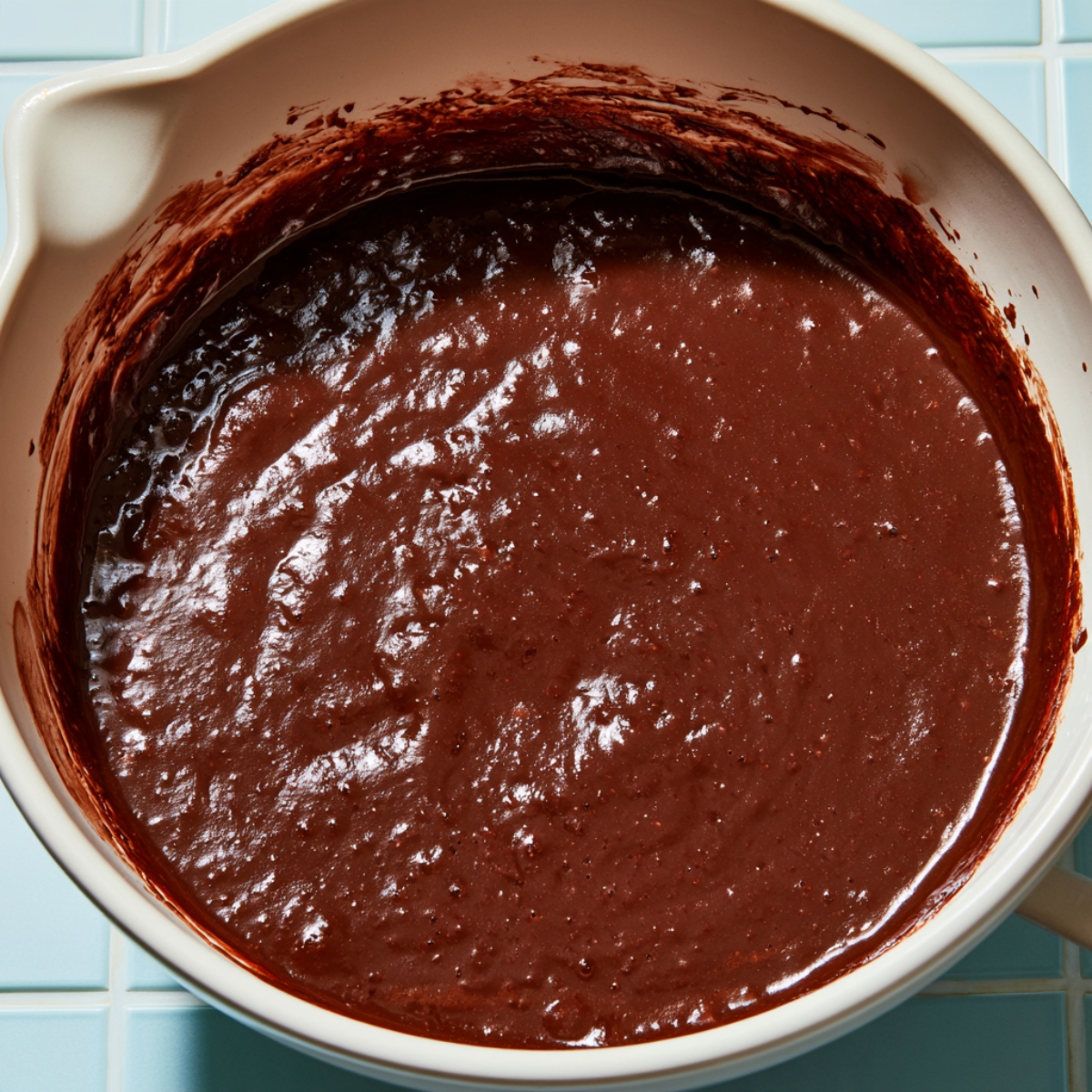 Easy Chocolate Coconut Cake Recipe 10 Rich chocolate cake batter mixed with wet ingredients in a ceramic bowl, smooth and glossy before baking.