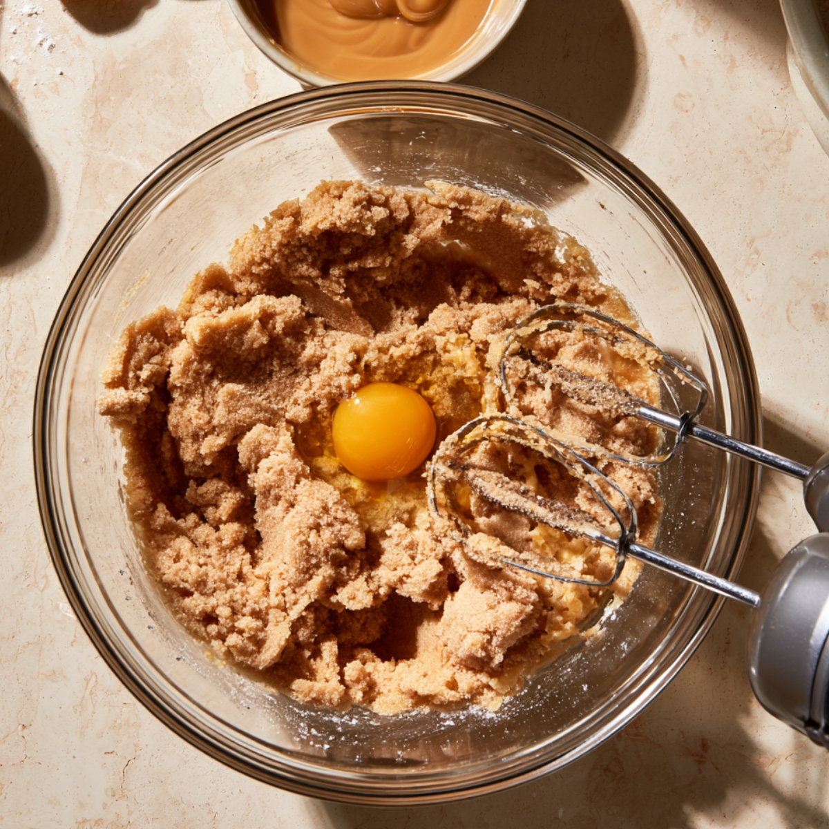 Easy Dulce de Leche Cupcakes Recipe 10 Creamy brown sugar cupcake batter with vanilla and sour cream being mixed with an electric hand mixer
