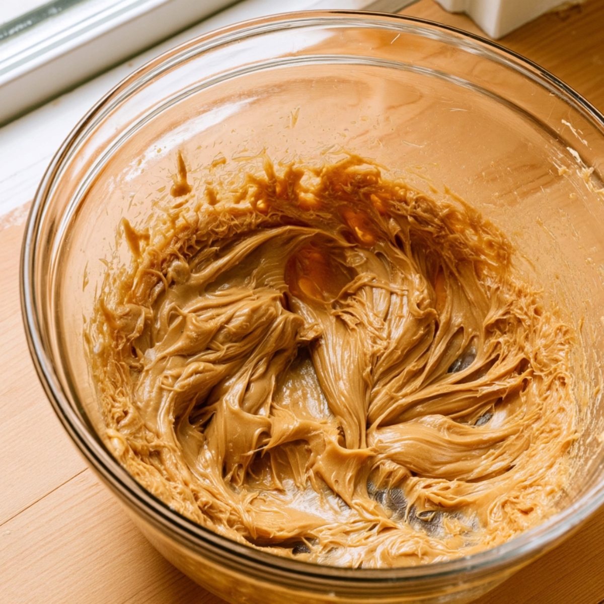 Best Edible Peanut Butter Cookie Dough 10 Creamy peanut butter and butter beaten together until smooth and fluffy in a clear glass mixing bowl.