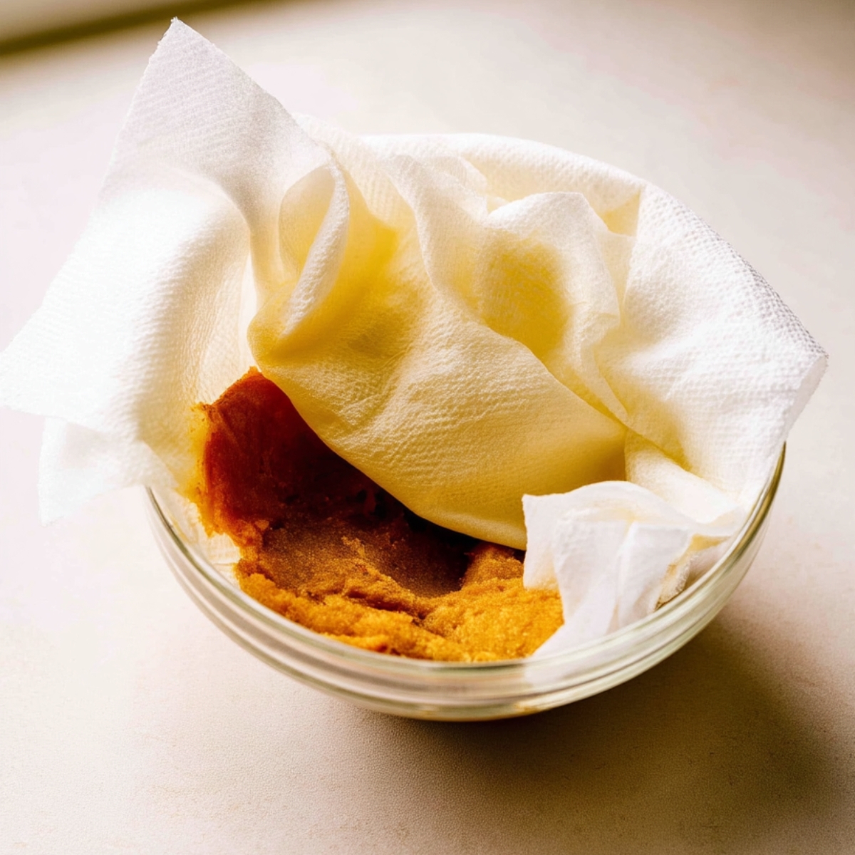 Brown Butter Pumpkin Oatmeal Cookies 10 Pumpkin purée resting in a glass bowl lined with paper towels to remove excess moisture before making soft and chewy pumpkin oatmeal cookies.