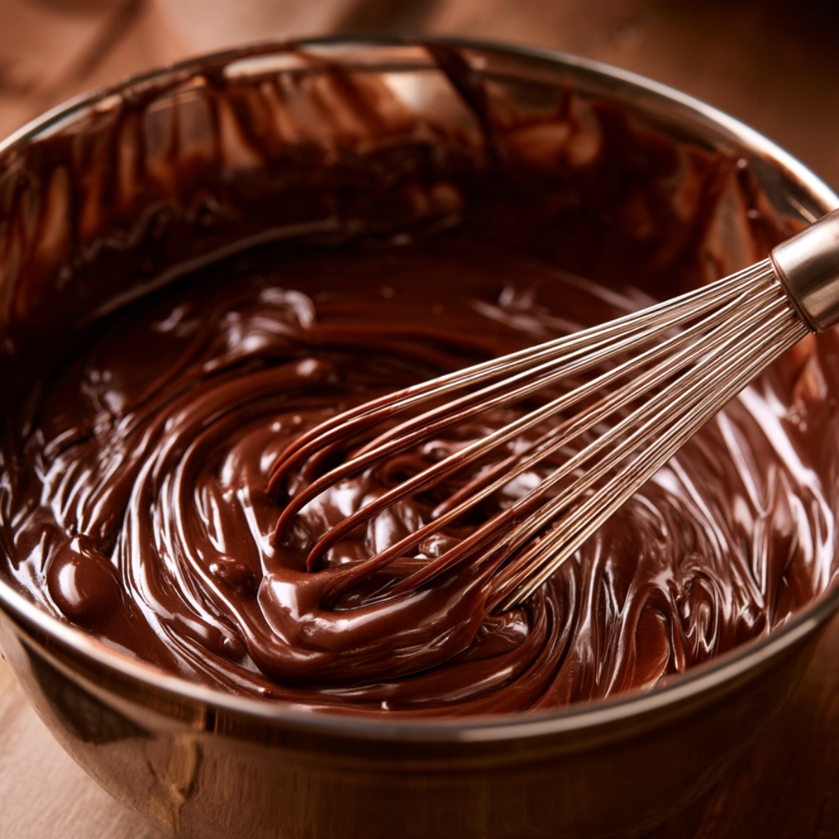 Easy Ferrero Rocher Cake Recipe 10 Rich homemade chocolate ganache being whisked until smooth and glossy in a mixing bowl for cake filling and frosting.