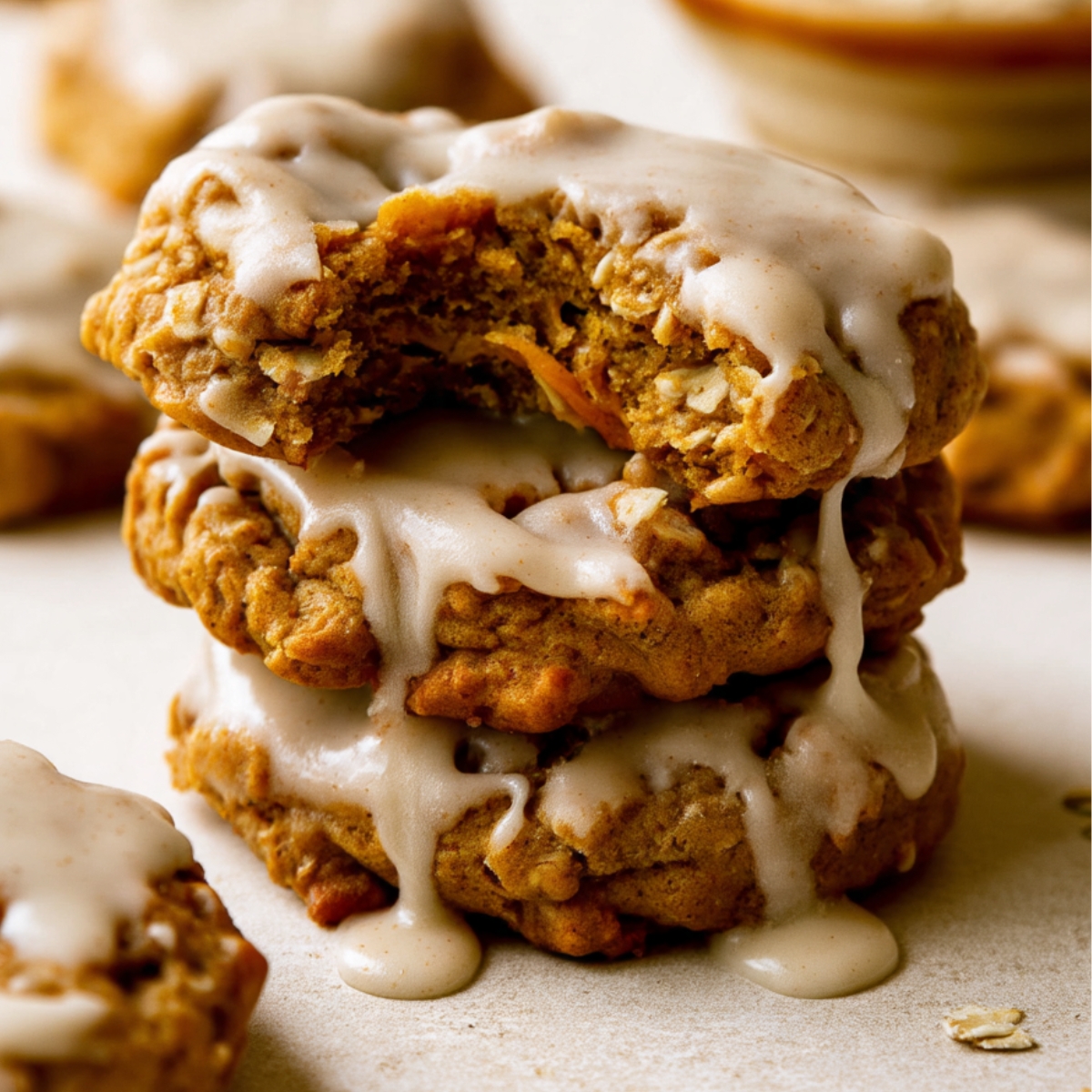 Stack of homemade Brown Butter Pumpkin Oatmeal Cookies topped with rich brown butter glaze, featuring a broken cookie that reveals a soft, chewy oatmeal and pumpkin filling.