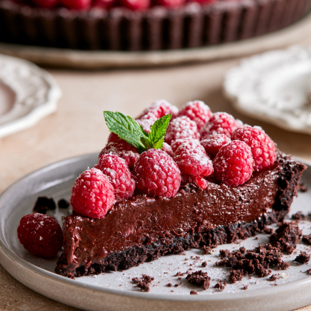 Chocolate raspberry tart slice topped with fresh raspberries and mint